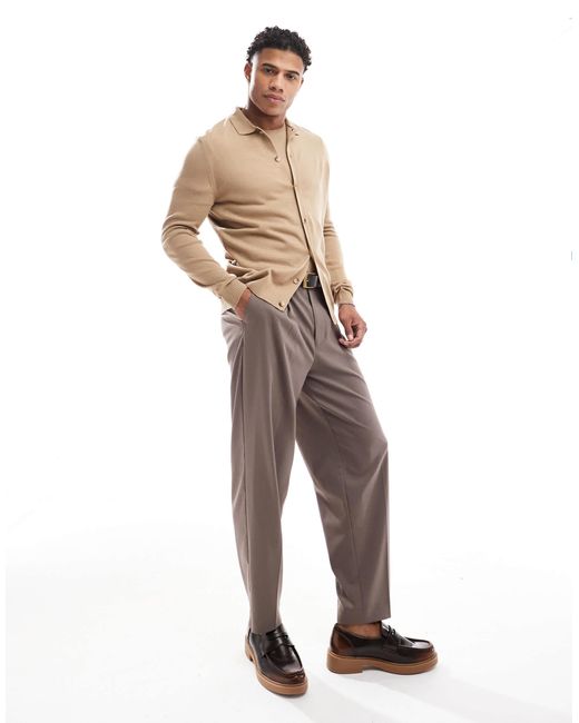 ASOS Natural Co-ord Knitted Button Through Polo for men