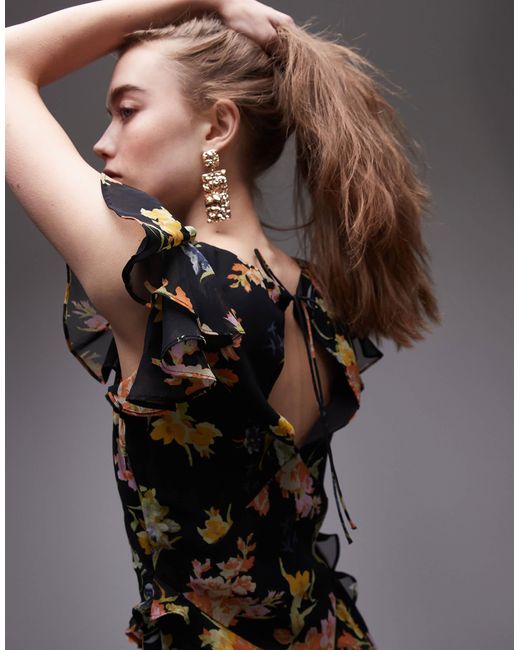 TOPSHOP Black Flutter Sleeve Ruffle Occasion Midi Dress