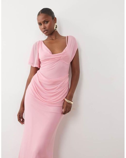 ASOS Pink Mesh Draped Asymmetric Sleeve Maxi Dress