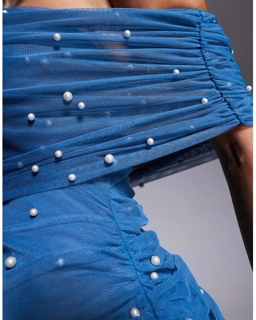 ASOS Blue Embellished Pearl Mesh Bardot Ruched Midi Dress