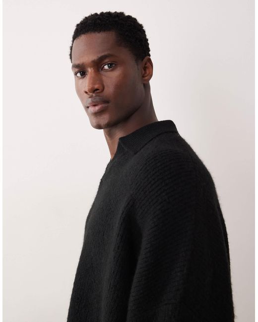 ASOS Black Super Oversized Boxy Fit Knitted Fisherman Rib Notch Neck Jumper for men