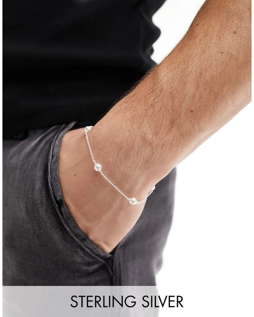 ASOS Black Sterling Bracelet With Faux Pearl Beads for men