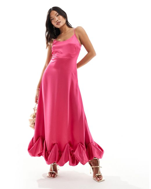 Vila Pink – maxi-trägerkleid aus satin mit gestecktem saum