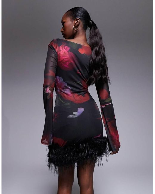 ASOS Multicolor Long Sleeve With Square Neck Mesh Mini Dress With Fur Trim Skirt