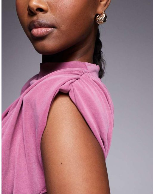 ASOS Pink Modal Sleeveless Shoulder Pad Ruched Midi Dress