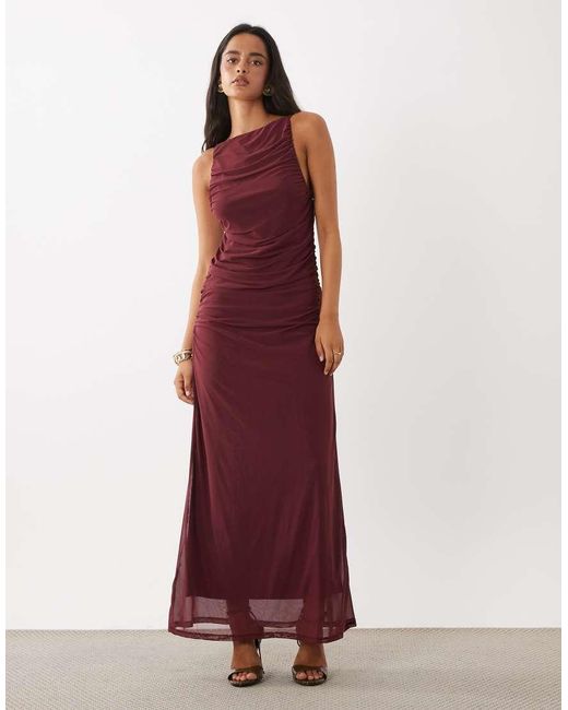 ASOS Brown Printed Mesh Slash Neck Gathered Detail Maxi Dress