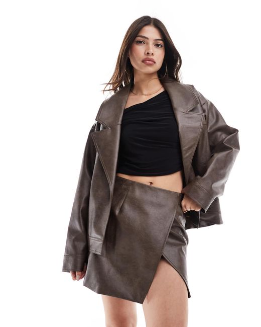 SNDY'S Brown Leather Look Oversized Collar Jacket