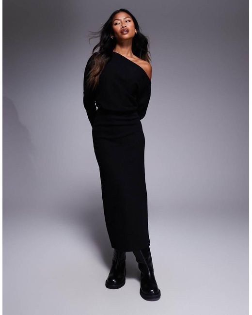 Vestito Midi Morbidissimo A Maniche Lunghe Con Spalla Scivolata di ASOS in Black
