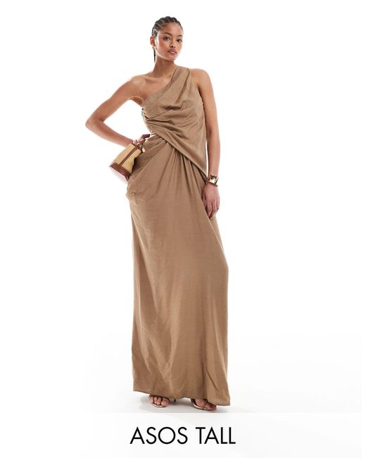 ASOS Natural Asos Design Tall One Shoulder Draped Maxi Dress With Full Skirt