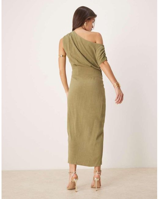 ASOS Natural Linen Mix Fallen Twist Shoulder Wrap Skirt Detail Midi Dress
