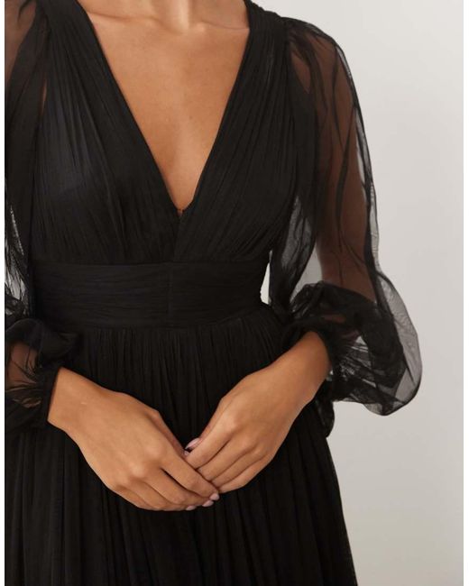 LACE & BEADS Black Bridesmaid Sheer Mesh Sleeve Plunge Neck Tiered Maxi Dress