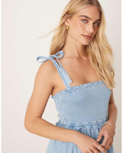 Vestido Vaquero Midi Azul Con Pecho Fruncido Y Tirantes Anudados De De Y.A.S de color Blue