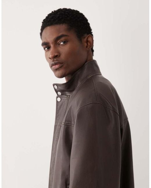 ASOS Brown Real Leather Oversized Bomber Jacket for men