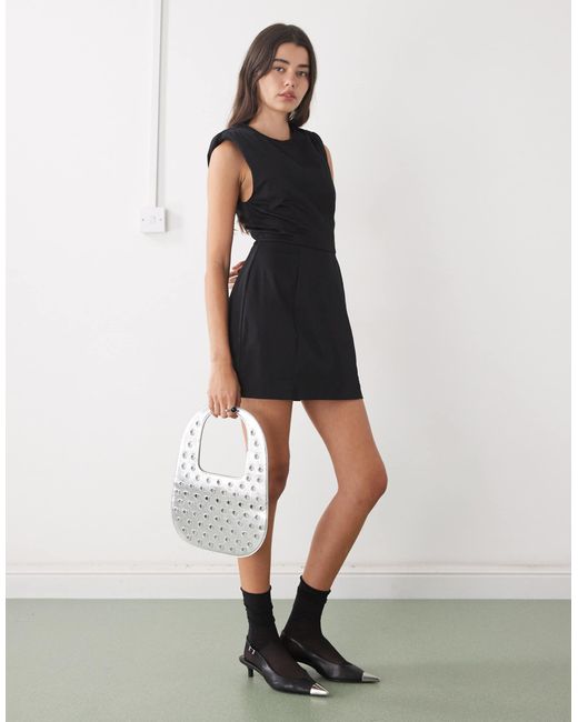 Monki Women's Black Shoulder Pad Cinched Waist Volume Skirt Mini Dress