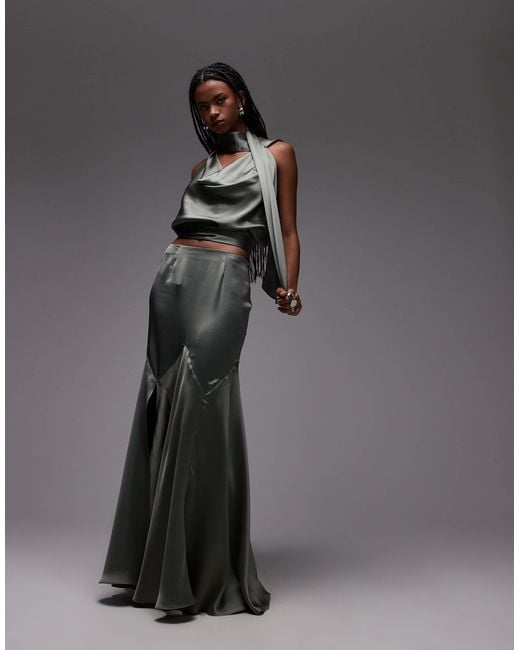 ASOS Gray Satin Panel Bias Maxi Skirt