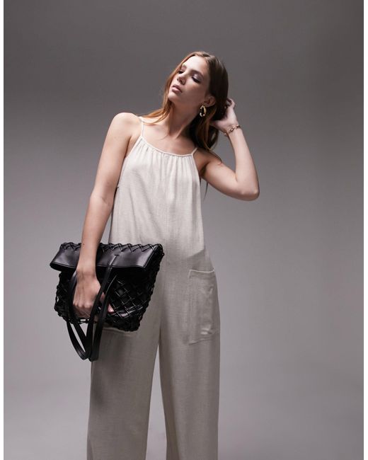 TOPSHOP Gray Linen Jumpsuit With Pockets