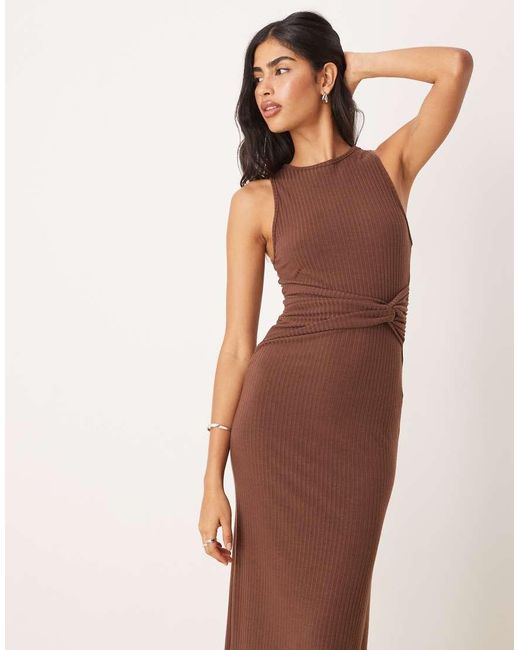 ASOS Natural Ribbed Sleeveless Racer Knot Waist Midi Dress