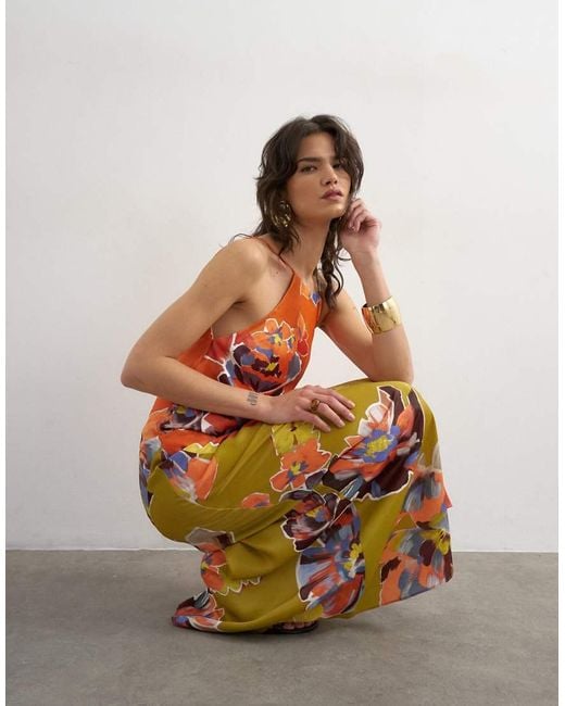 TOPSHOP Multicolor Satin Bias Halter Neck Open Scoop Back Maxi Dress