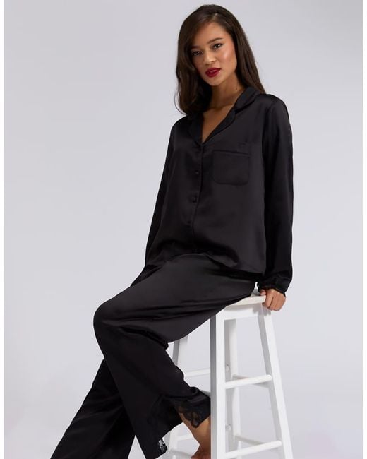Boux Avenue Black Amelia Satin Pyjama Set Collared Top And Trousers Nightwear