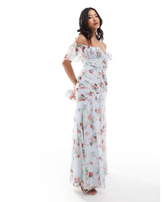 Asos design petite - robe froncée à volants et encolure bardot - bleu à imprimé fleurs ASOS en coloris White