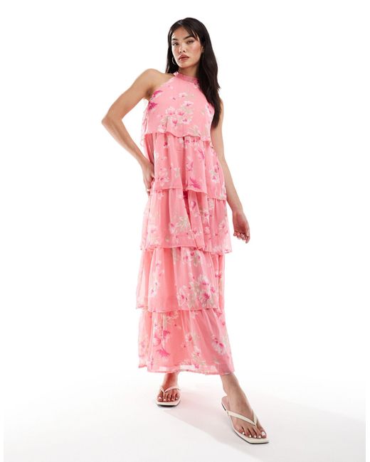 Vila Pink High Neck Tiered Maxi Dress