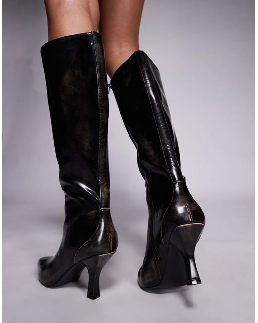 Public Desire Black Levitate Pointed Toe Knee Boots With Vintage Heels