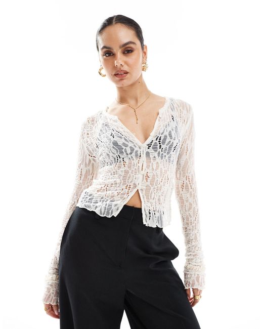 Pull&Bear White Distressed Lace Long Sleeve Top