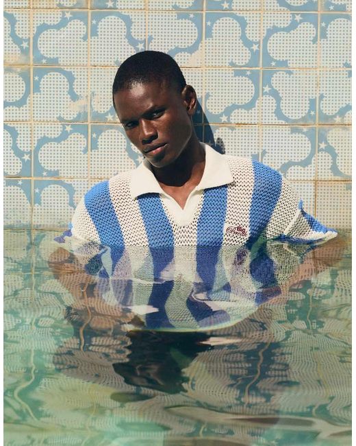 Bershka Blue Short Sleeve Mesh Stripe Polo for men