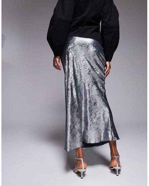 New Look Blue Foil Metallic Satin Midi Skirt
