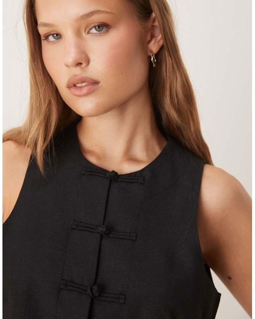 Mango Black Linen Blend Round Neck Wasitcoat With Knot Front Detail Fastening
