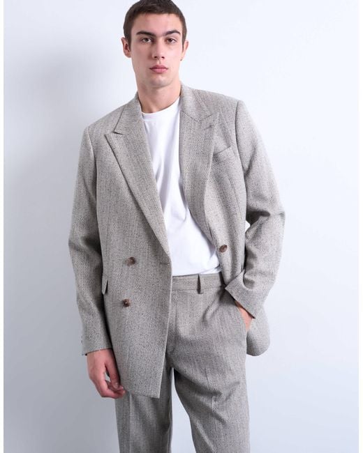 Topman Gray Herringbone Double Breasted Blazer for men