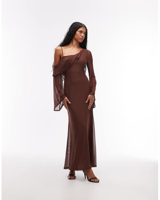 ASOS Brown Mesh Folded Neckline Maxi Dress With Fallen Shoulder
