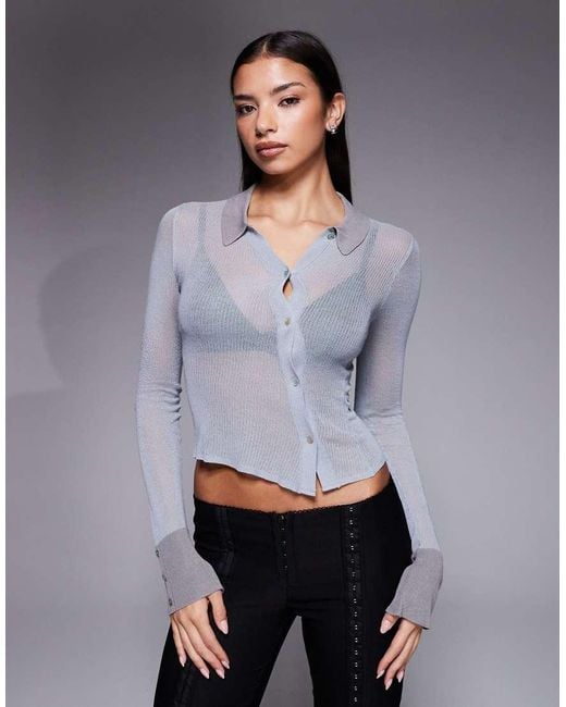 I.AM.GIA Gray Davina 90s Fine Rib Knit Asymmetric Button Detailing Fitted Shirt