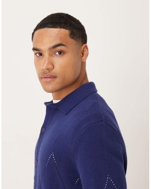 ASOS Blue Relaxed Knitted Pointelle Button Through Polo for men