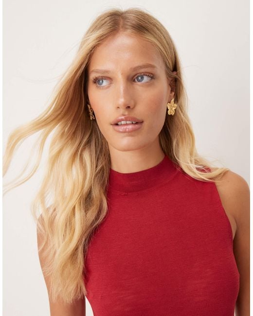 Mango Women's Red High Neck Compated Knit Midi Dress With Pleat Hem