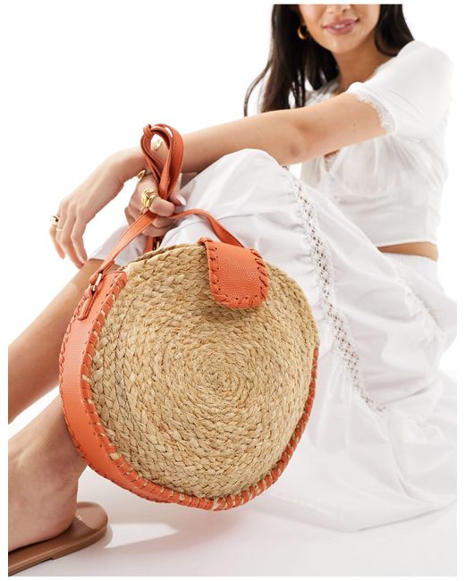 Accessorize Natural Round Straw Bag With Orange Contrast