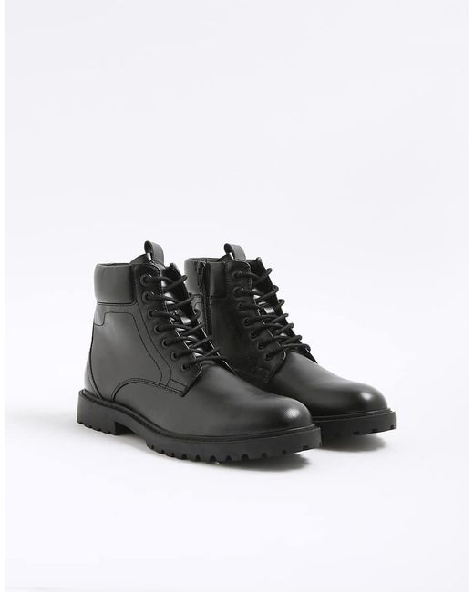 River Island Black Padded Lace Up Boots for men
