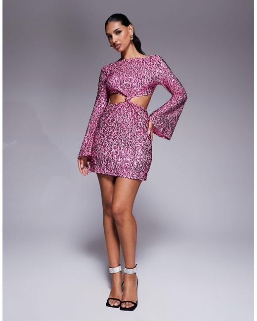 ASOS Purple Sequin Angel Sleeve Mini Dress With Cut Outs And Knot Detail