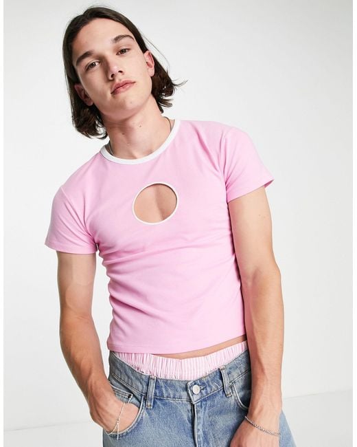 ASOS Muscle Tshirt With Circle Chest Cut Out in Pink for Men Lyst UK