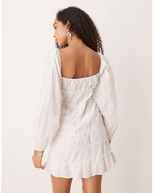 Gina Tricot White Long Sleeve Sweetheart Neck Broderie Anglais Mini Dress