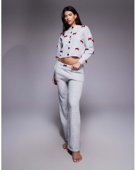 River Island Gray Knitted Bow Detail Cardigan And Trouser Set