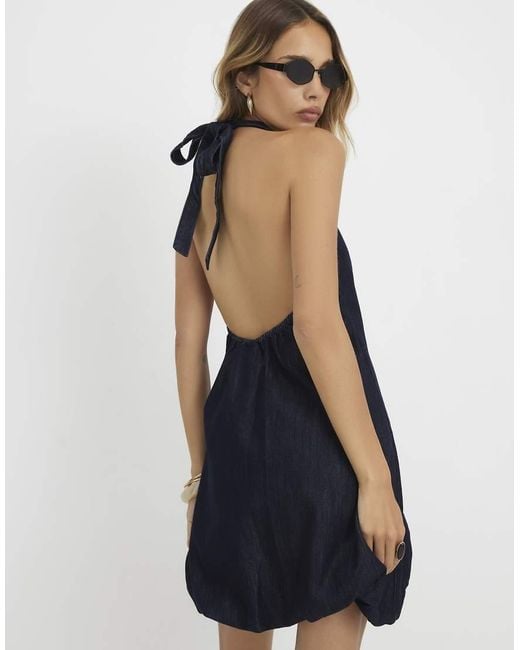River Island Blue Denim Tie Neck Bubble Hem Mini Dress