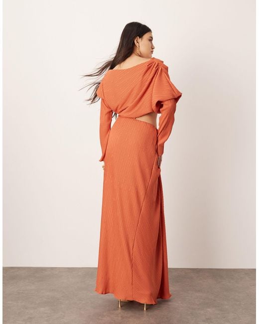 ASOS Orange Premium Plisse Long Sleeve Drapey Maxi Dress