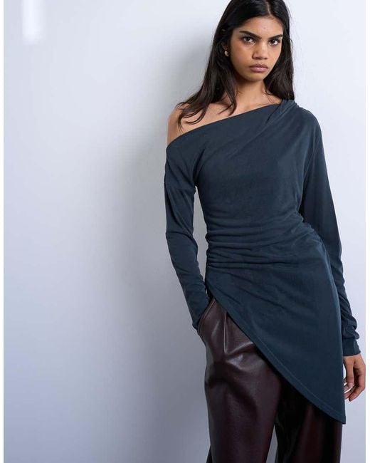 TOPSHOP Blue Cupro Off Shoulder Tunic Long Sleeve Top