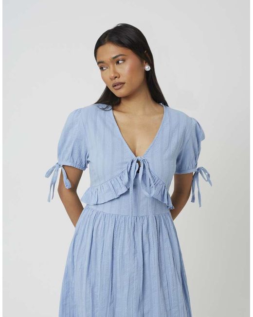 Brave Soul Blue Puff Sleeve Maxi Dress With Tie And Ruffle Details