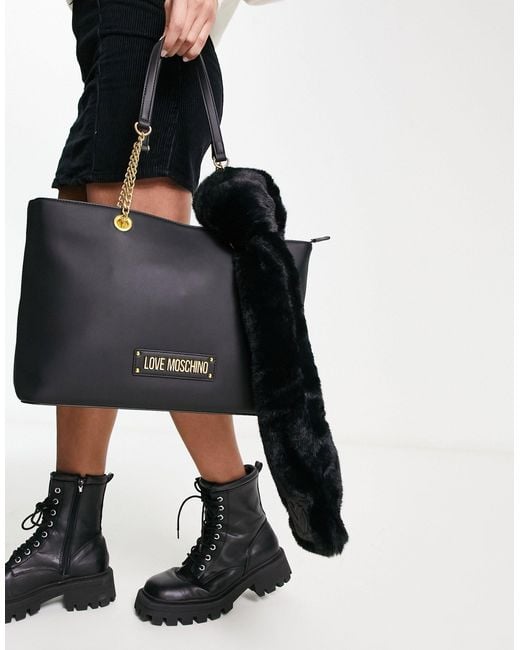 Love Moschino Black Faux Fur Scarf Detail Tote Bag