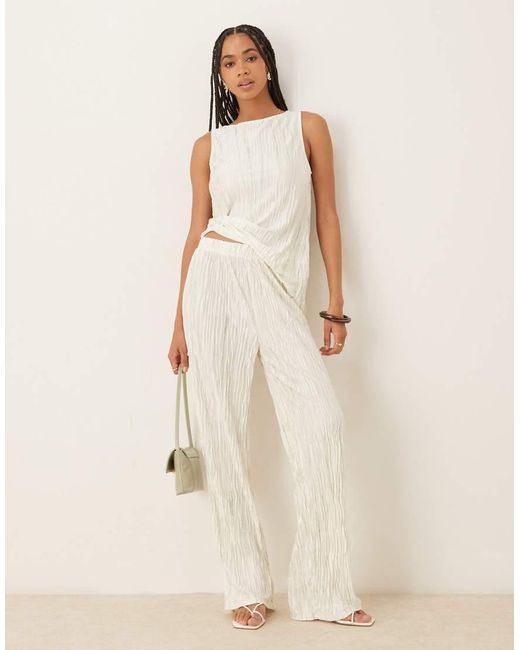 Vila Natural High Waist Plisse Wide Leg Trouser Co-ord