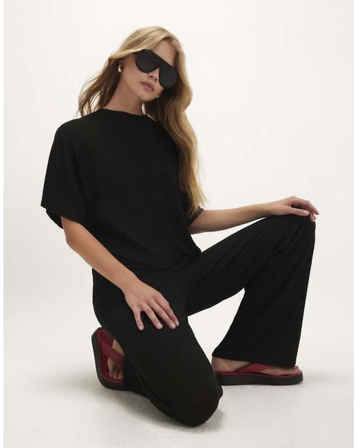 River Island Black Textured Wide Leg Trousers
