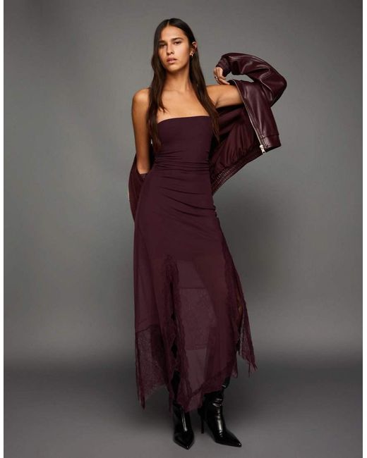 Bershka Brown Asymmetric Lace Bandeau Tulle Midi Dress