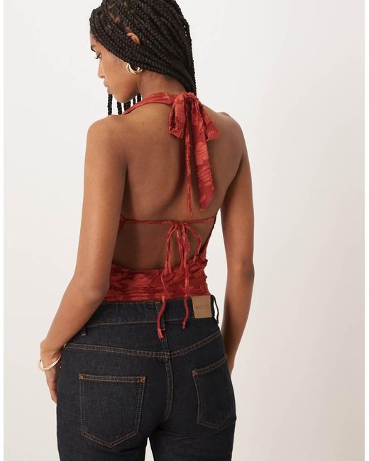 Motel Red Yukari Burnout Mesh Floral Plunge Halter Top